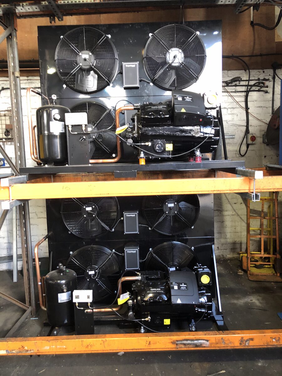 Refrigeration Condensers - Industrial refrigeration condenser units on racking