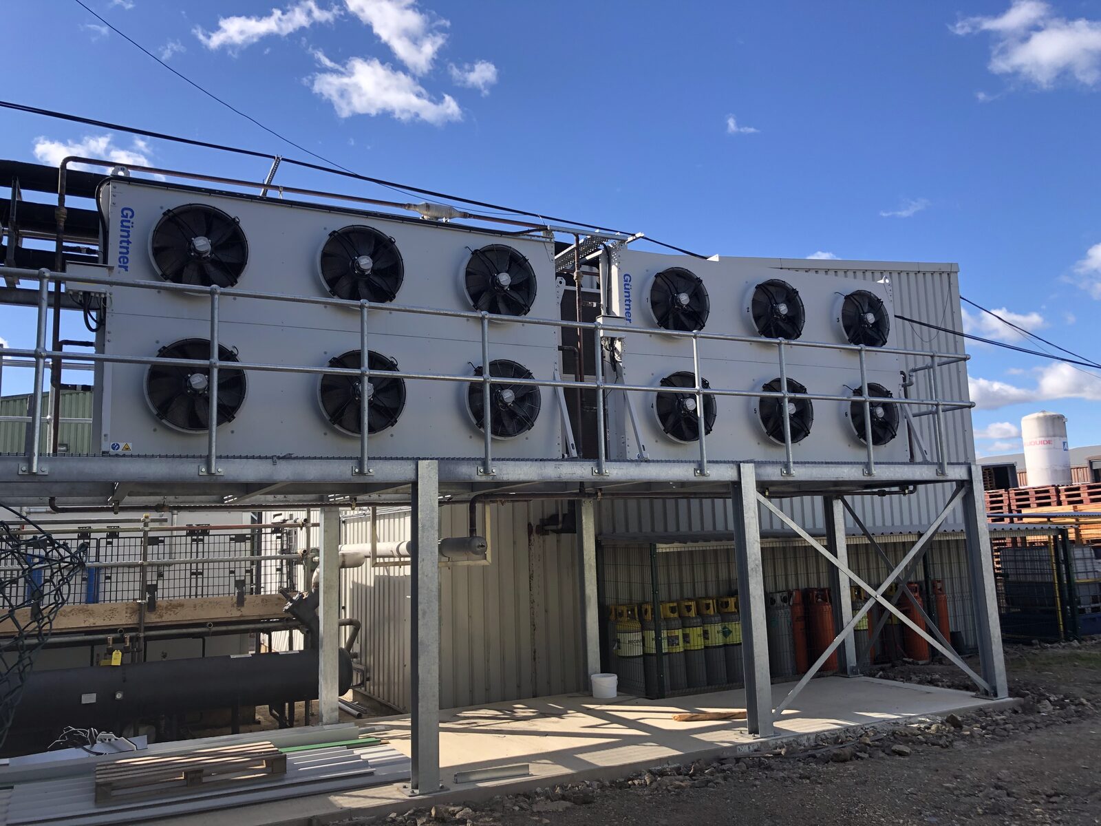 Large-Scale Condenser Array - Multi-fan condenser bank on steel frame for industrial refrigeration